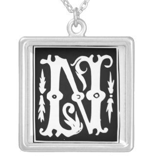 Old Calligraphy Letter N Monogram Silver Necklace