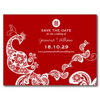 Peacock Double Happiness Chinese Save The Date Postcard