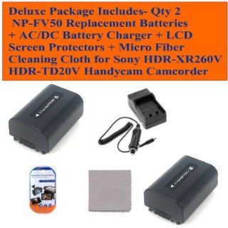 Deluxe Package Includes  Qty 2 Np fv50 Replacement Batteries + Ac/dc Battery Charger + LCD Screen Protectors + Micro Fiber Cleaning Cloth for Sony Hdr xr260v Hdr td20v Handycam Camcorder  Camera & Photo