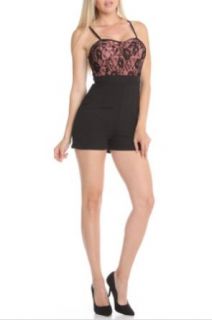 247 Frenzy Lace Panel Sweetheart Romper with Tie Waist   Black Pink (Small) Jumpsuits Apparel