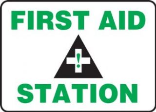 Accuform Signs MFSD960VP Plastic Safety Sign, Legend "FIRST AID STATION" with Graphic, 10" Length x 14" Width x 0.055" Thickness, Green/Black on White