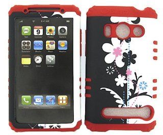 3 IN 1 HYBRID SILICONE COVER FOR HTC EVO 4G HARD CASE SOFT RED RUBBER SKIN FLOWERS RD TE272 A9292 KOOL KASE ROCKER CELL PHONE ACCESSORY EXCLUSIVE BY MANDMWIRELESS Cell Phones & Accessories