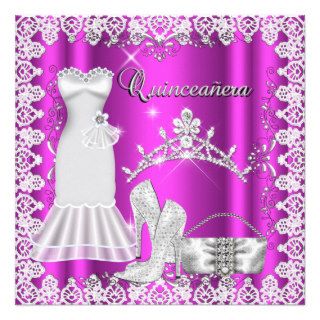 Quinceanera 15th Pink Silver Diamond Tiara Personalized Invitation