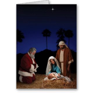 Santa Kneeling at Nativity Greeting Cards