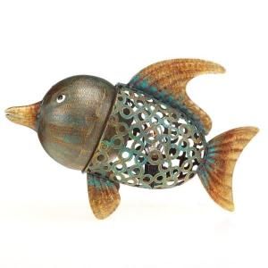 DecoFLAIR 11 in. Lighted Nightlite Hand Crafted Bronze Metal Fish Luminary Table Lamp Figure DFA1668
