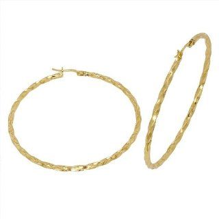 14K Gold Bonded / Gold Over Silver Hi Polish Twisted Round Hoop Earrings   Size Large 2.5mm x 58.0mm Jewelry