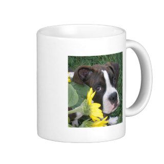 Boxer Puppy Peeking around Sunflowers Coffee Mugs
