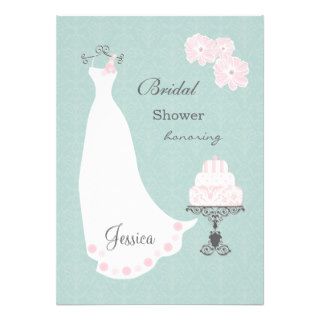 White wedding dress, cake on aqua  Bridal Shower Custom Invite