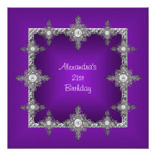 Elegant Purple Silver Jewel Frame 21st Birthday Custom Invites
