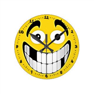 Yellow Toothless Grin Smiley Face Round Wall Clocks