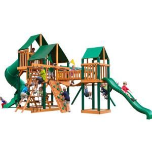 Gorilla Playsets Treasure Trove w/ Timber Shield & Sunbrella Canvas Forest Green Canopy Cedar Play Set 01 1021 2