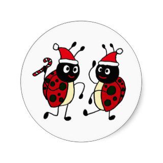 XX  Dancing Ladybugs Wearing Santa Hats Round Stickers