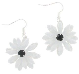 Earring Pierced Dangle Enamel White Flower Black Rhinestone 1 3/4" Drop Earrings Jewelry