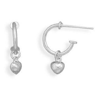 Rhodium Plated Small Puffed Heart on Hoop Post Earrings Jewelry