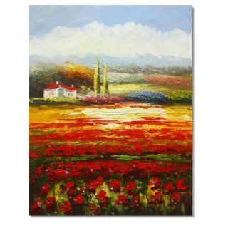 Flower Field Landscape Oil Painting Italian Tuscany Landscape Poppy Field Vineyard 049 High Quality Handmade Fine Art on Canvas Home Decor  