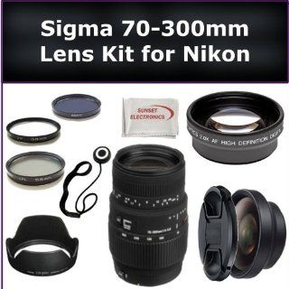 Sigma 70 300mm f/4 5.6 DG Macro Autofocus Lens Kit for Nikon D3000, D3100, D5000, D5100 Digital SLR Cameras. Also Includes 0.45X Wide Angle Lens, 2X Telephoto Lens, Lens Cap, Lens Hood, Lens Cap Keeper, 3 Piece Filter Kit (UV FLD CPL) and Microfiber Clean