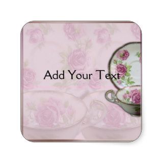 Antique Pink Rose Tea Cup on Mauve Square Stickers