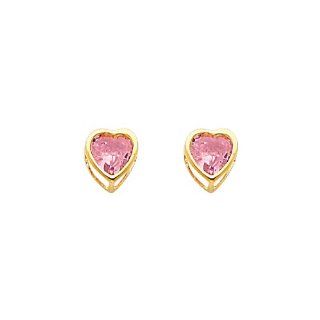 14K Yellow Gold Plated CZ Heart Shape October Pink Tourmaline Birthstone Bezel Stud Earrings for Child & Women (Pink Tourmaline, Light Pink) Jewelry