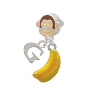 Mia Monkey with Bananas European Charm Bead Hanger with Small Initial Small Block Letter G Jewelry