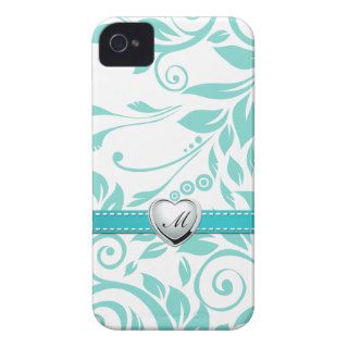 Aqua Blue and White Damask Pattern with Monogram Case Mate iPhone 4 Cases