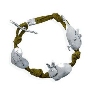 Heart Whale and Bunny Rabbit Green Suede Bracelet Sterling Silver   Believe in Love Jewelry