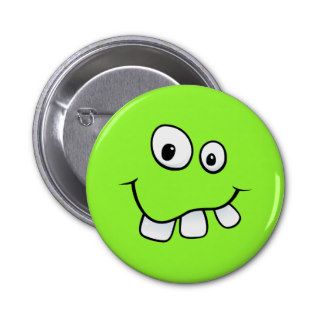 Funny goofy smiley face with big teeth, green pinback buttons