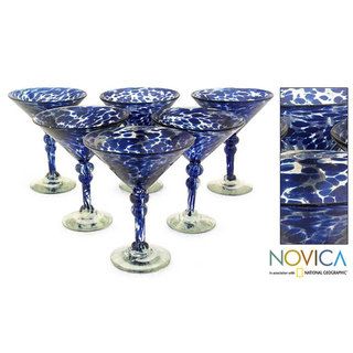 Dotted Blue 6 piece Martini Glass Set (Mexico) Novica Glassware