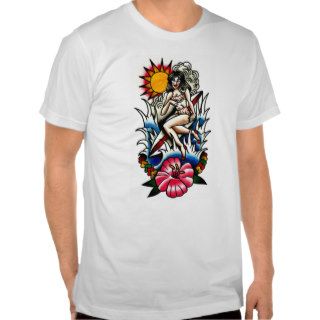 Tattoo Surfer Pin up Girl with Hibiscus Flower T shirts
