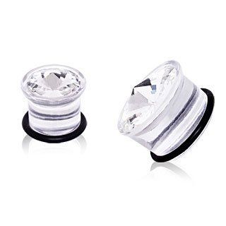 Clear UV Acrylic Imitation Cubic Zirconia Single Flare Plug with O Ring   2G (6.5mm)   Sold as a Pair Single Flared Body Piercing Plugs Jewelry