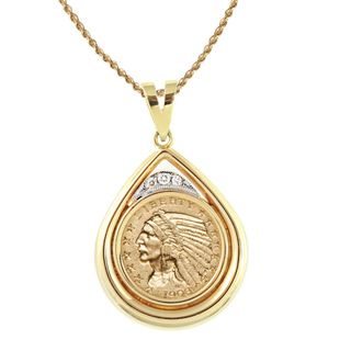 American Coin Treasures 14k Gold 0.13ctw TDW White Diamond $5 Indian Head Gold Piece Half Eagle Coin Teardrop Pendant Gold Necklaces