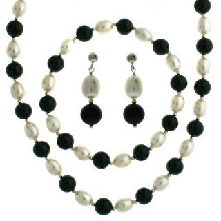 Pearl Freshwater White Beads Onyx Silver Necklace Bracelet Dangle Earring Set 8.5 9mm 18 inches Bucasi Jewelry