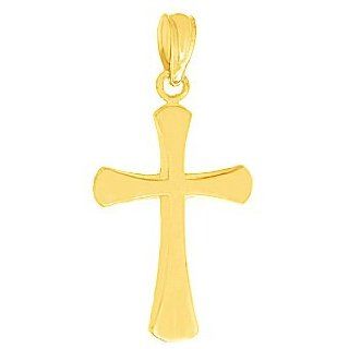 14k Gold Religious Necklace Charm Pendant, Beveled Cross With Round Tips High Po Jewelry