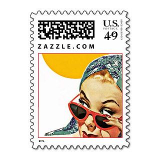 Retro Lady Behind Red sunglasses Postage Stamps
