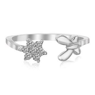 Sterling Silver Rhodium Finished Star & Butterfly White Cubic Zirconia Toe Ring Jewelry