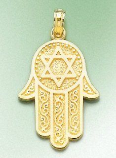 14k Gold Religious Necklace Charm Pendant, Jewish Hand Of God With Star Of David Million Charms Jewelry