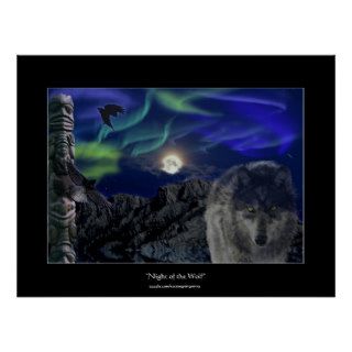 Wolf, Ravens, Totem Pole & Aurora Art Poster
