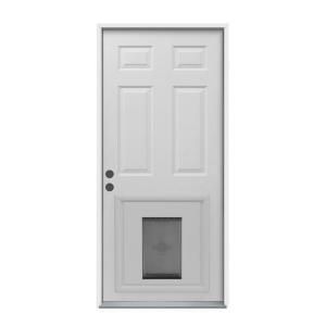 JELD WEN 6 Panel Primed White Steel Entry Door with Medium Pet Door THDJW204000022