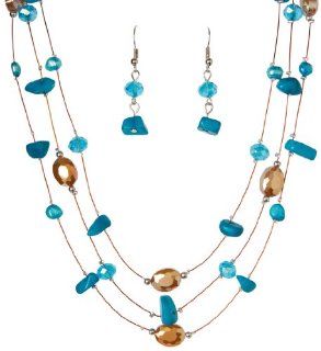 Rhodium Plated Silvertone and String Necklace with Translucent Blue Beads and Stones   Matching Earrings with Fishhook Backings   16" 18" Length   2" 3" Extension Earring And Necklace Sets Jewelry