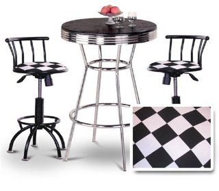 Chrome Bar Table & 2 Black Adjustable 24" 29" Checkered Flag Fabric Seat Barstools   Home Bar And Bar Stool Sets