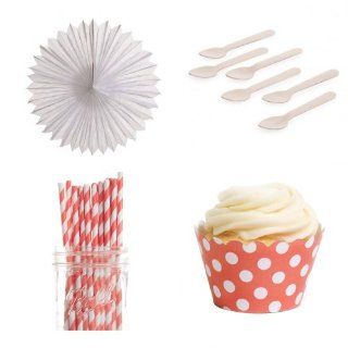 Dress My Cupcake DMC433016 Dessert Table Party Kit with Pinwheel Fans and Mini Wrappers, Coral Polka Dots Kitchen & Dining