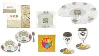 Passover Ultimate Package Deal. Seder Plate Elegant Glass Decoupage & Pewter Hand Made In ISRAEL By The Artist LILY ART + Matching Beautiful Glass & Pewter Matzah Tray Hand Made In ISRAEL By LILY ART + Glass Decoupage & Pewter Set Of Horseradis