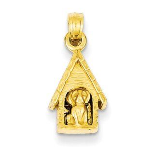 14K Yellow Gold Solid Polished Flat Backed Dog in Dog House Pendant Jewelry
