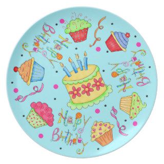 Turquoise Blue Cupcakes and Cake Happy Birthday Dinner Plate