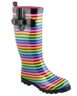 Capelli New York Shiny Fun Stripes Printed Ladies Rubber Rain Boot Black Combo 10 Shoes