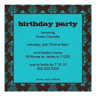 Damask brown & blue birthday party invitation