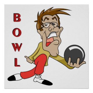 funny bowling man cartoon character posters