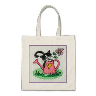 Cute black kitten cross stitch embroidered tote bags
