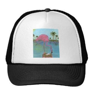 Pink Flamingo Mama Baby Egg Palm Trees Art Mesh Hat