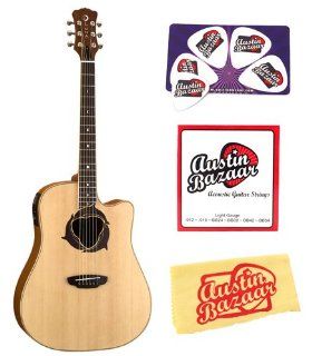 Luna Oracle Series Dolphin Cutaway Acoustic Electric Guitar Bundle with Strings, Pick Card, and Polishing Cloth   Natural Musical Instruments