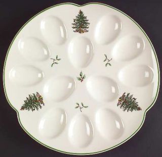 Spode Christmas Tree Green Trim Deviled Egg Plate, Fine China Dinnerware   Newer